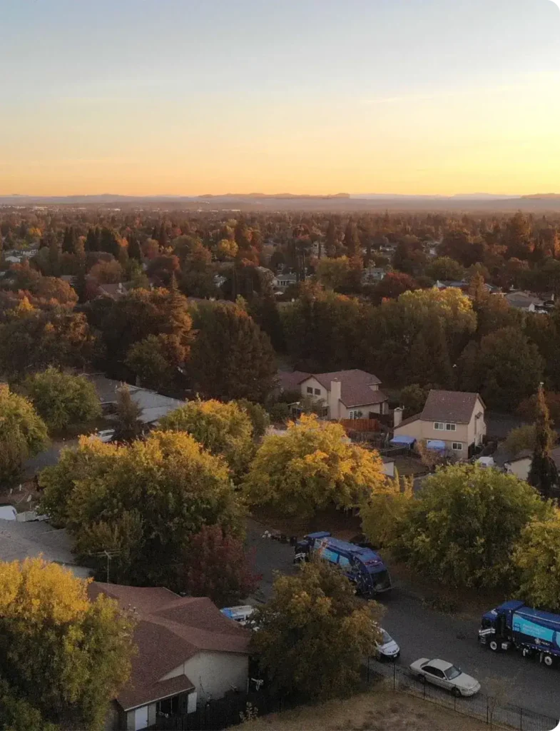 Aerial view of a Fair Oaks CA residential neighborhood